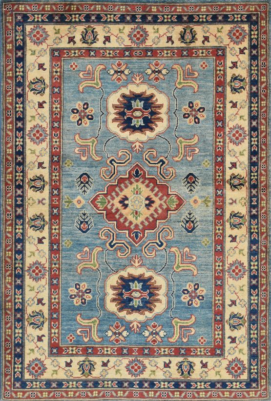 Kazak Rug 4' x 5'10'' Blue Wool Tribal Hand-Knotted Oriental Carpet