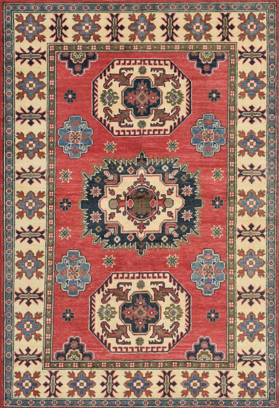 Kazak Rug 4'1'' x 5'11'' Red Wool Tribal Hand-Knotted Oriental Carpet