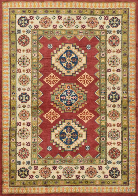 Kazak Rug 4'1'' x 5'10'' Red Wool Tribal Hand-Knotted Oriental Carpet