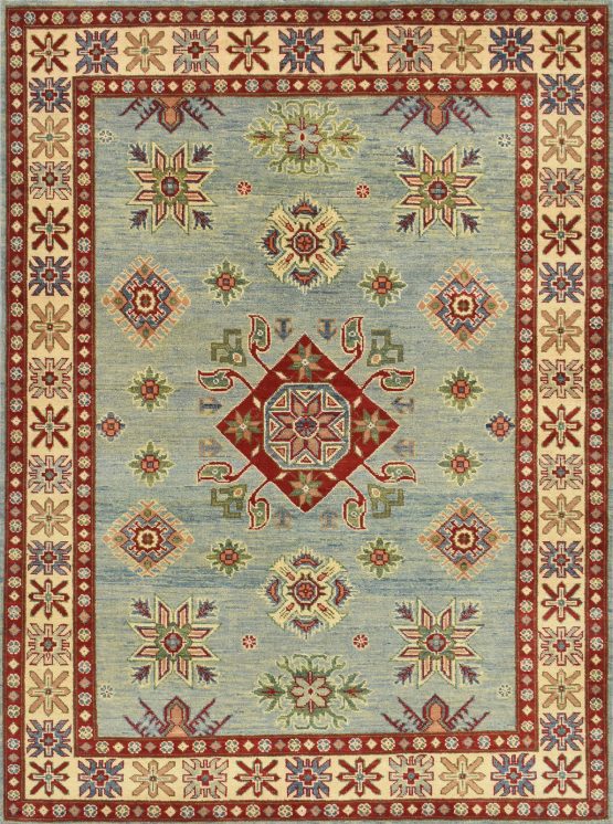 Kazak Rug 4'10'' x 6'6'' Blue Wool Tribal Hand-Knotted Oriental Carpet