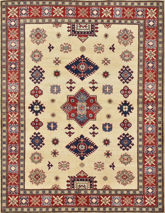 Kazak Rug 4'11'' x 6'3'' Beige Wool Tribal Hand-Knotted Oriental Carpet