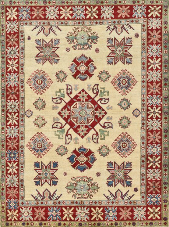 Kazak Rug 5' x 6'8'' Beige Wool Tribal Hand-Knotted Oriental Carpet