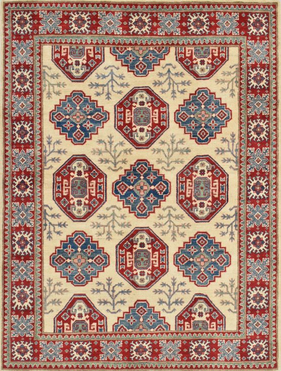 Kazak Rug 4'11' x 6'5'' Beige Wool Tribal Hand-Knotted Oriental Carpet