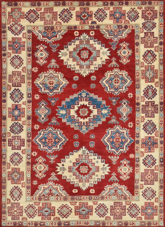 Kazak Rug 4'9'' x 6'5'' Red Wool Tribal Hand-Knotted Oriental Carpet