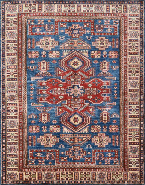 Fine Kazak Rug 5' x 6'5'' Blue Wool Tribal Hand-Knotted Oriental Carpet