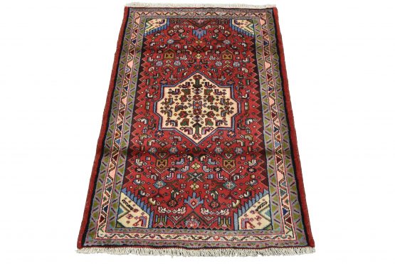 Hamedan Rug 2'6'' x 3'9'' Red Wool Vintage Tribal Hand-Knotted Oriental Carpet