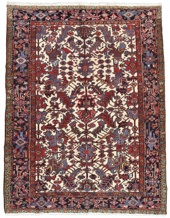 Heriz Rug 7' x 8'11'' Ivory Wool Tribal Semi-Antique Hand-Knotted Oriental Carpet