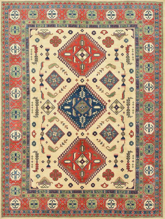 Kazak Rug 9' x 11'11'' Beige Wool Tribal Hand-Knotted Oriental Carpet