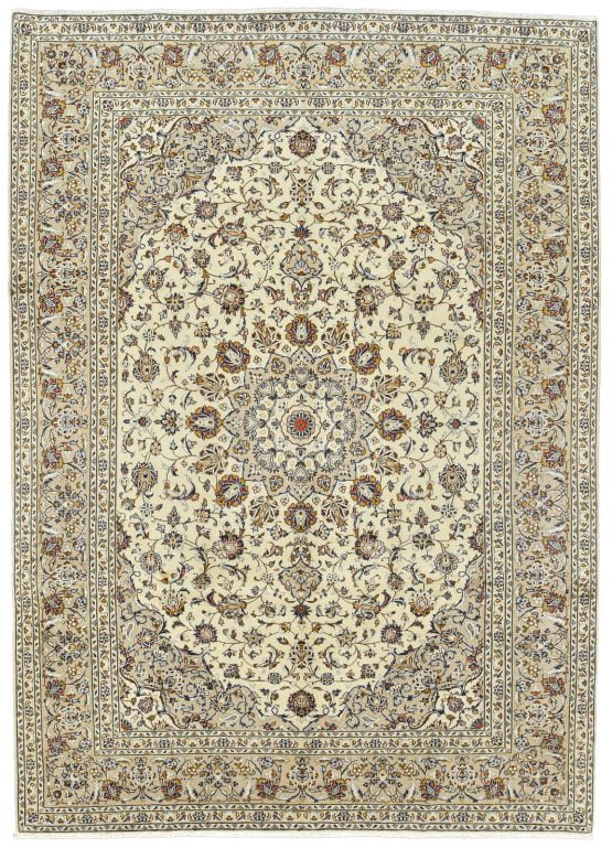 Kashan Rug 8' x 11'1'' Ivory Wool Vintage Traditional Hand-Knotted Carpet
