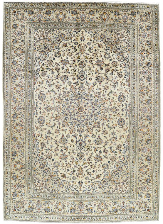 Kashan Rug 8' x 11’3'' Ivory Wool Vintage Traditional Hand-Knotted Carpet