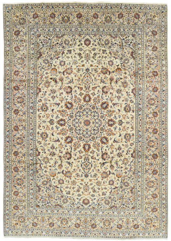 Kashan Rug 7'11'' x 11'3'' Ivory Wool Vintage Traditional Hand-Knotted Carpet