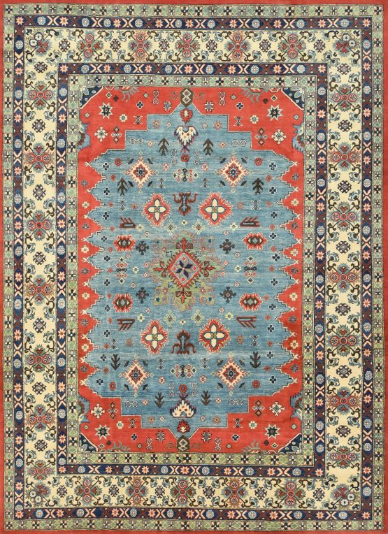 Kazak Rug 9'1'' x 12'5'' Blue Wool Tribal Hand-Knotted Oriental Carpet