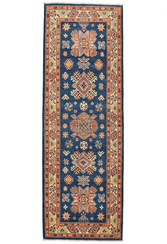 Kazak Runner 2'7'' x 7'8'' Blue Wool Tribal Hand-Knotted Oriental Rug
