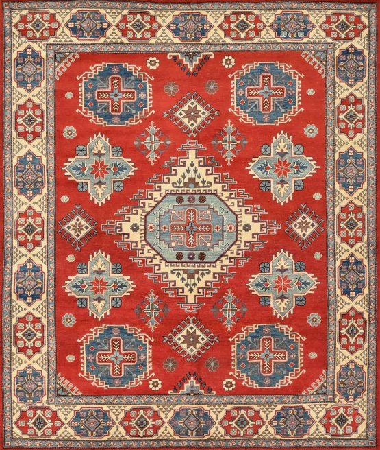 Kazak Rug 8'2'' x 9'8'' Red Wool Tribal Hand-Knotted Oriental Carpet