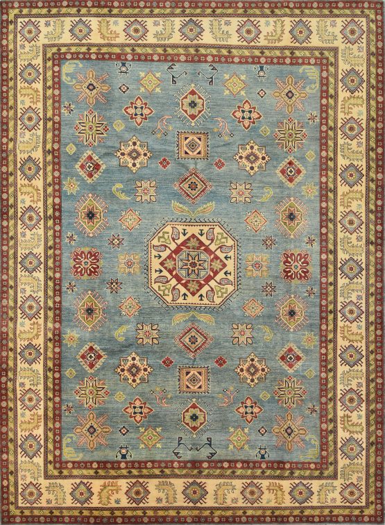 Kazak Rug 9'11'' x 13'5'' Blue Wool Tribal Hand-Knotted Oriental Carpet