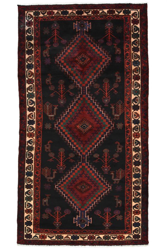Hamedan Rug 5'2'' x 9'7'' Black Wool Semi-Antique Tribal Hand-Knotted Carpet