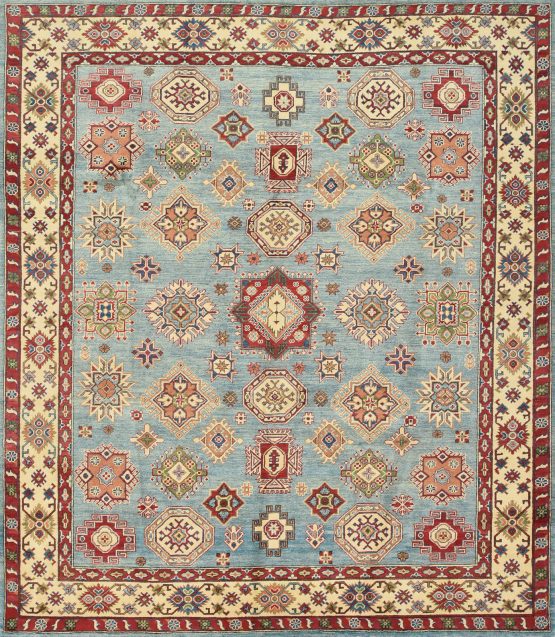 Kazak Rug 8'5'' x 9'7'' Blue Wool Tribal Hand-Knotted Oriental Carpet