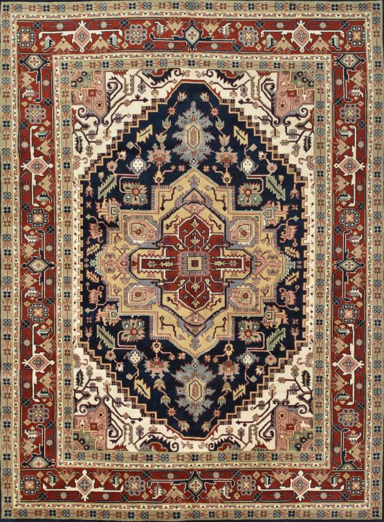 Heriz Rug 9'10'' x 13'5'' Blue Wool Tribal Hand-Knotted Oriental Carpet