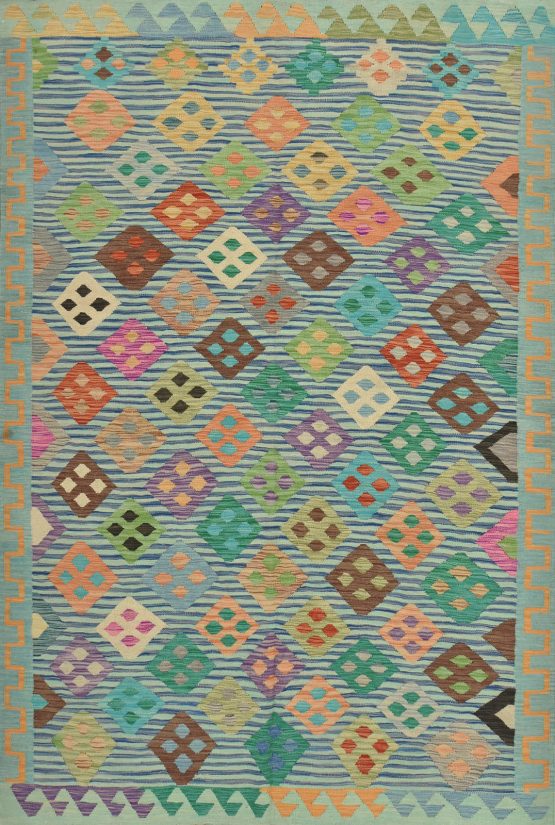 Kilim Rug 6'7'' x 9'8'' Blue Wool Geometric Handwoven Oriental Carpet