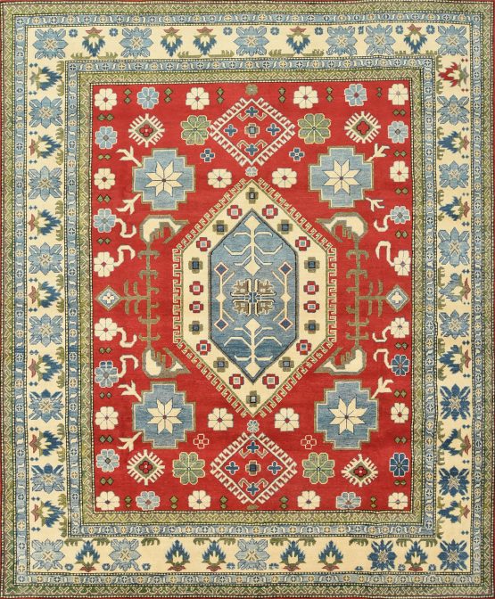 Kazak Rug 8'2'' x 9'9'' Red Wool Tribal Hand-Knotted Oriental Carpet