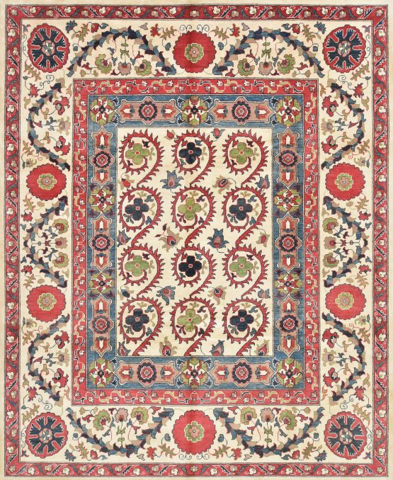 Suzani Rug 8'1'' x 9'11'' Beige Wool Traditional Hand-Knotted Oriental Carpet