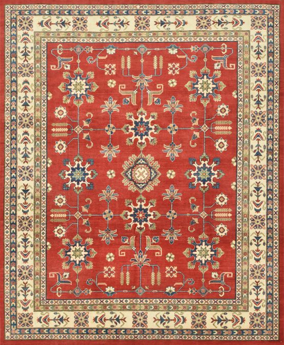 Kazak Rug 8'1'' x 9'8'' Red Wool Traditional Hand-Knotted Oriental Carpet
