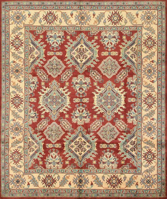 Kazak Rug 8'3'' x 9'10'' Red Wool Tribal Hand-Knotted Oriental Carpet