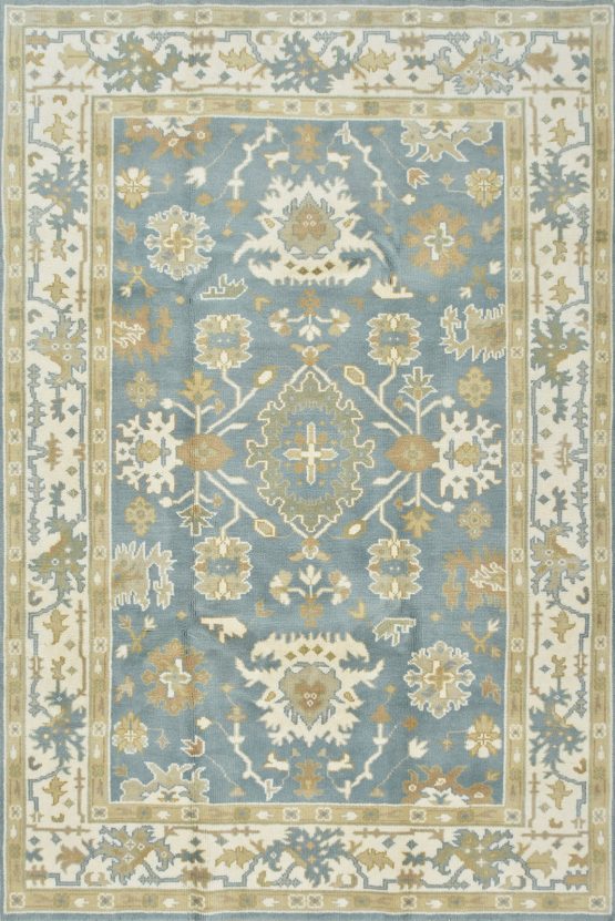 Oushak Rug 6'1'' x 9' Blue Wool Traditional Hand-Knotted Oriental Carpet
