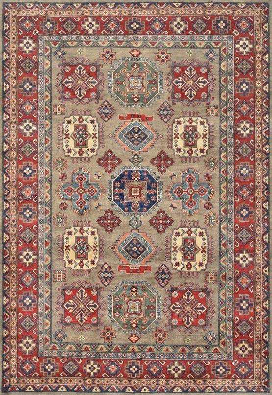 Kazak Rug 6'7'' x 9'7'' Brown Wool Tribal Hand-Knotted Oriental Carpet