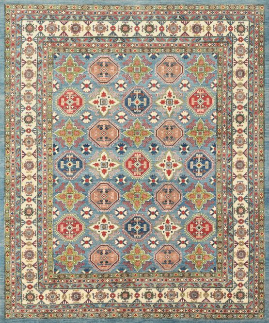 Kazak Rug 8'2'' x 9'9'' Blue Wool Tribal Hand-Knotted Oriental Carpet
