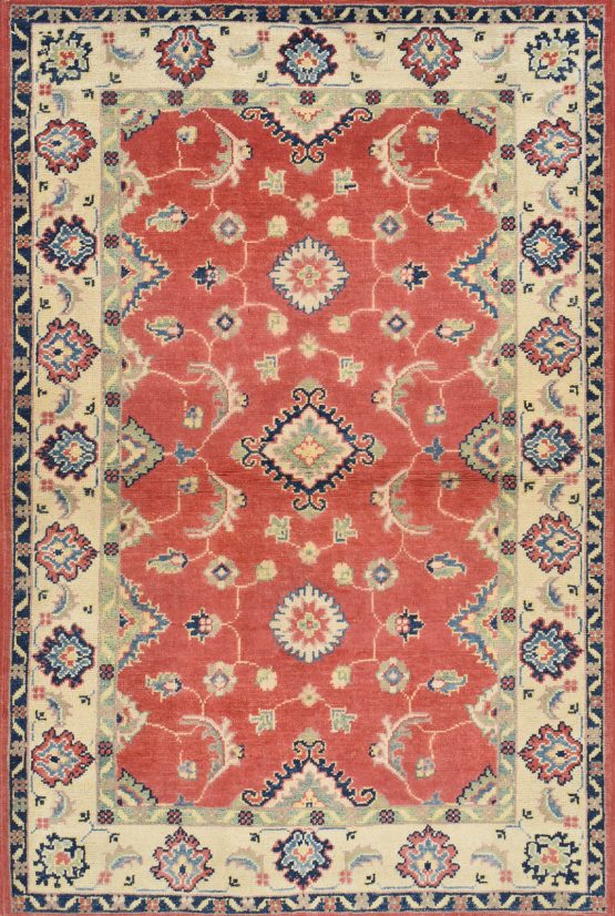 Kazak Rug 3'4'' x 4'11'' Red Wool Traditional Hand-Knotted Oriental Carpet
