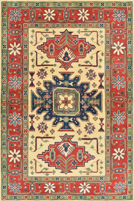 Kazak Rug 4'2'' x 6'3'' Beige Wool Tribal Hand-Knotted Oriental Carpet
