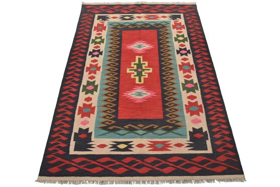 Kilim Rug 5' x 6'11'' Red Wool Tribal Handwoven Oriental Carpet