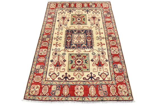 Kazak Rug 4'10'' x 6'8'' Beige Wool Tribal Hand-Knotted Oriental Carpet