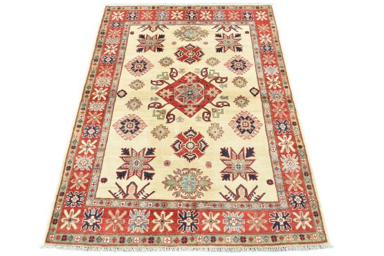 Kazak Rug 4'11'' x 6'3'' Beige Wool Tribal Hand-Knotted Oriental Carpet