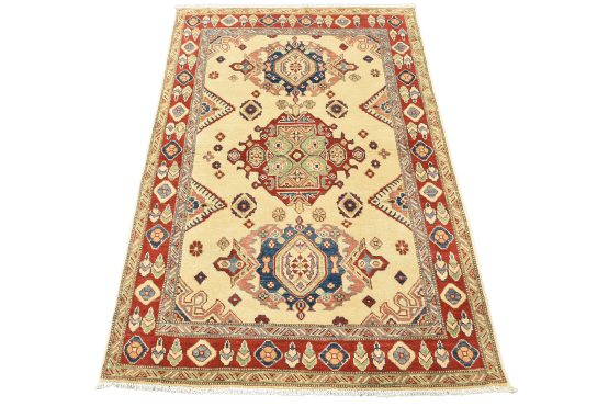 Kazak Rug 4'3'' x 5'10'' Beige Wool Tribal Hand-Knotted Oriental Carpet