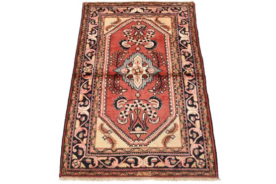 Hamedan Rug 3'7'' x 5'1'' Red Wool Semi-Antique Hand-Knotted Oriental Carpet