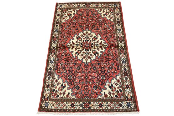 Hamedan Rug 3'6'' x 5'4'' Red Wool Vintage Tribal Hand-Knotted Oriental Carpet