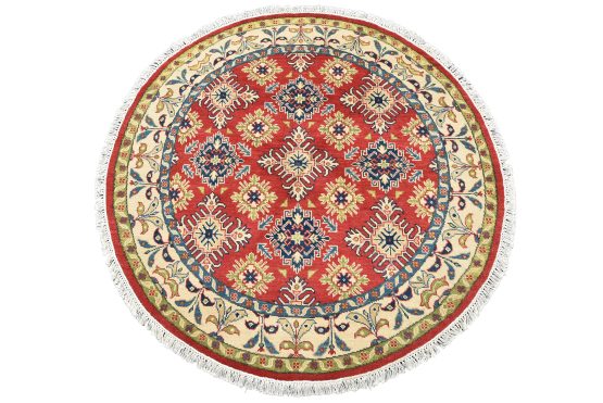 Kazak Rug 4'9'' x 4'10'' Round Red Wool Tribal Hand-Knotted Oriental Carpet