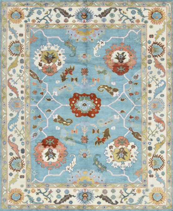 Oushak Rug 8' x 9'11'' Blue Wool Traditional Hand-Knotted Oriental Carpet