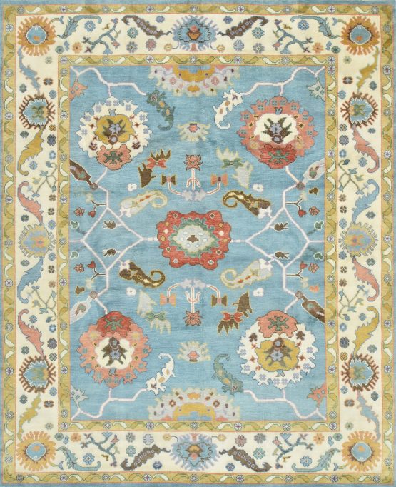 Oushak Rug 8'1'' x 9'11'' Blue Wool Modern Hand-Knotted Oriental Carpet