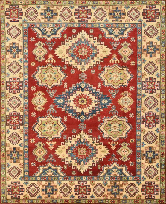 Kazak Rug 7'11'' x 9'8'' Red Wool Tribal Hand-Knotted Oriental Carpet