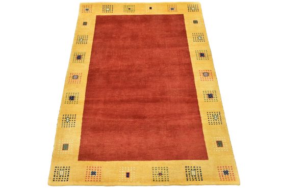 Gabbeh Rug 4'2'' x 5'8'' Red Wool Contemporary Hand-Knotted Oriental Carpet