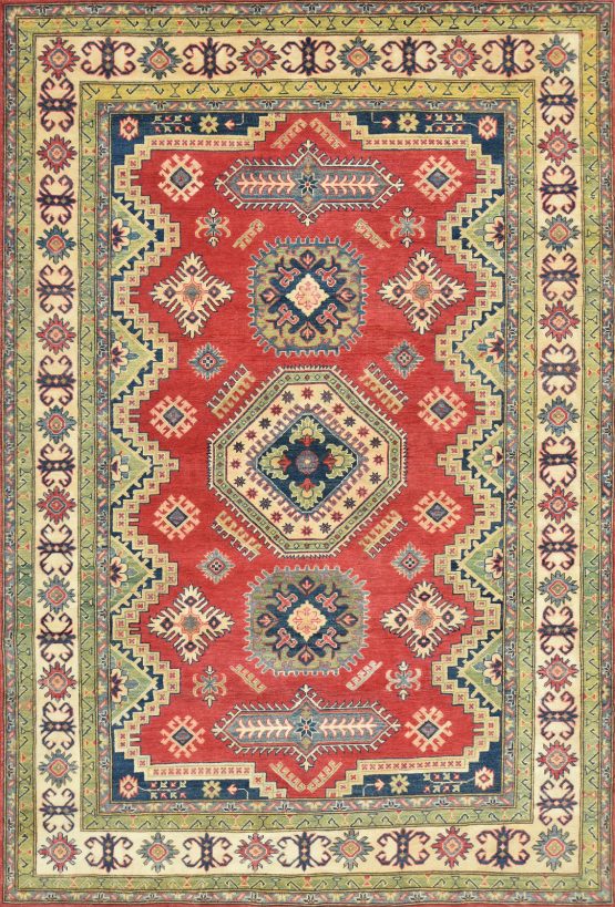 Kazak Rug 6'5'' x 9'4'' Red Wool Tribal Hand-Knotted Oriental Carpet