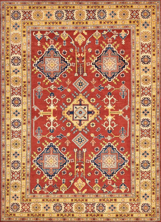 Kazak Rug 5'9'' x 7'11'' Red Wool Tribal Hand-Knotted Oriental Carpet