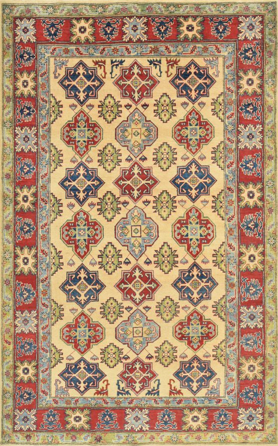 Kazak Rug 6'2'' x 9'11'' Beige Wool Tribal Hand-Knotted Oriental Carpet
