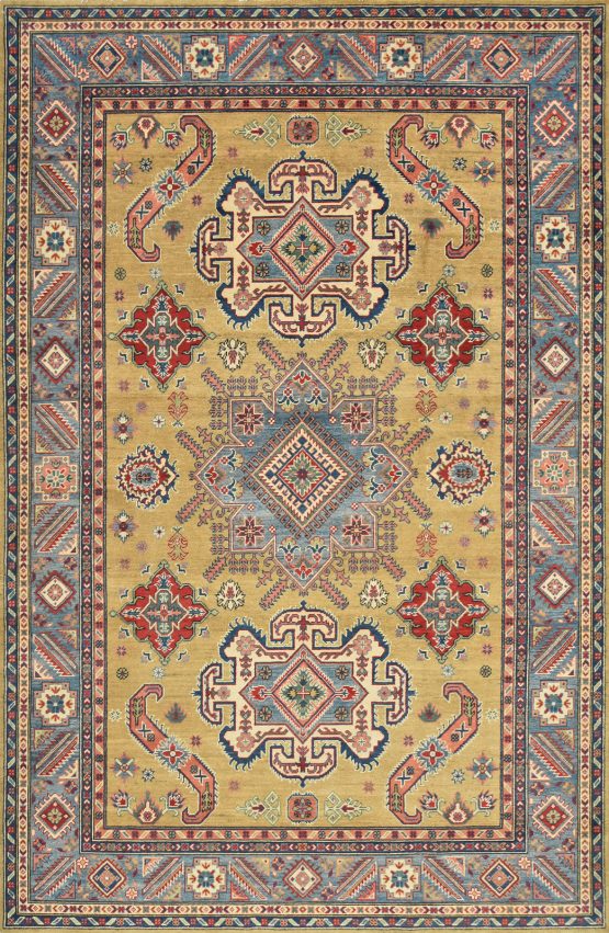 Kazak Rug 6'6'' x 10'2'' Gold Wool Tribal Hand-Knotted Oriental Carpet