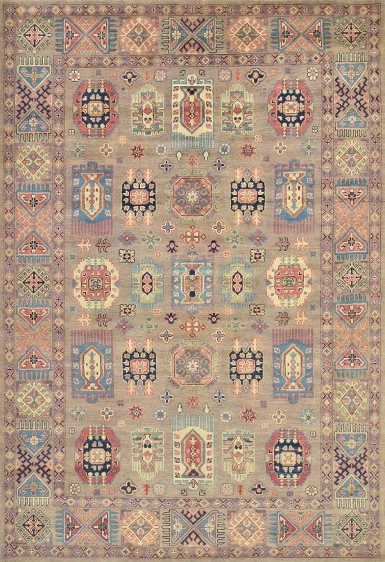 Kazak Rug 6'7'' x 9'8'' Brown Wool Tribal Hand-Knotted Oriental Carpet