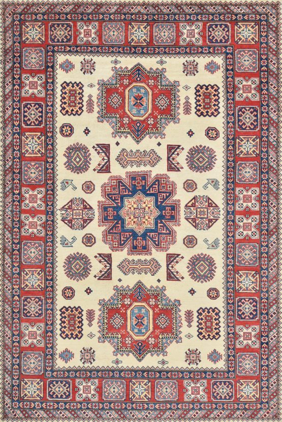 Kazak Rug 6'6'' x 9'8'' Beige Wool Tribal Hand-Knotted Oriental Carpet