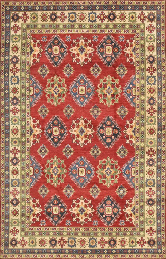 Kazak Rug 6'6'' x 10'1'' Red Wool Tribal Hand-Knotted Oriental Carpet